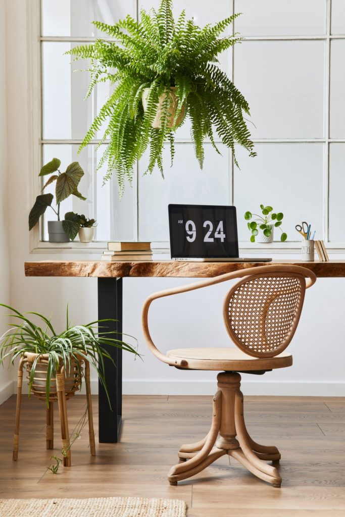 ured kod kuće uz biljke, crvenu stolicu i drveni stol
